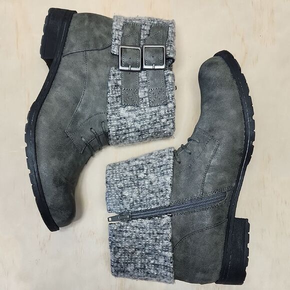 Rocket Dog Gray Fold-Over Combat Boots Moto Ankle Women 8.5 Shoe Buckle Babster - Picture 1 of 14